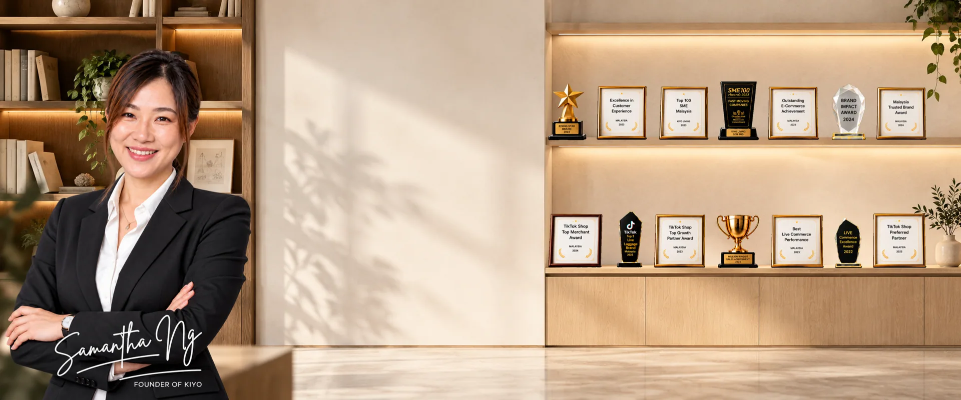 Samantha Ng in the KIYO showroom, beside shelves holding the company's awards