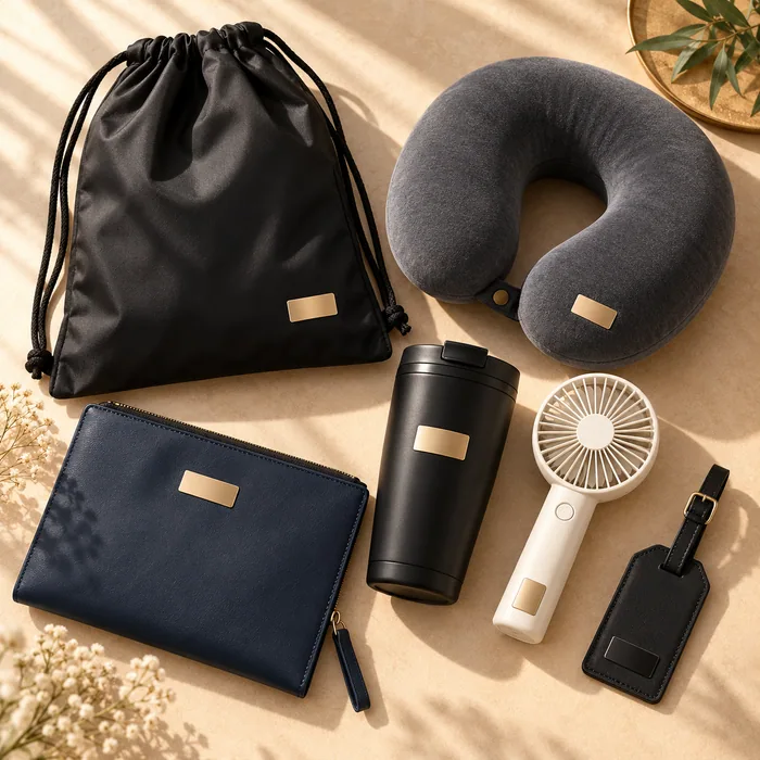 Branded travel accessories: a pouch, neck pillow, bottle, fan and tag