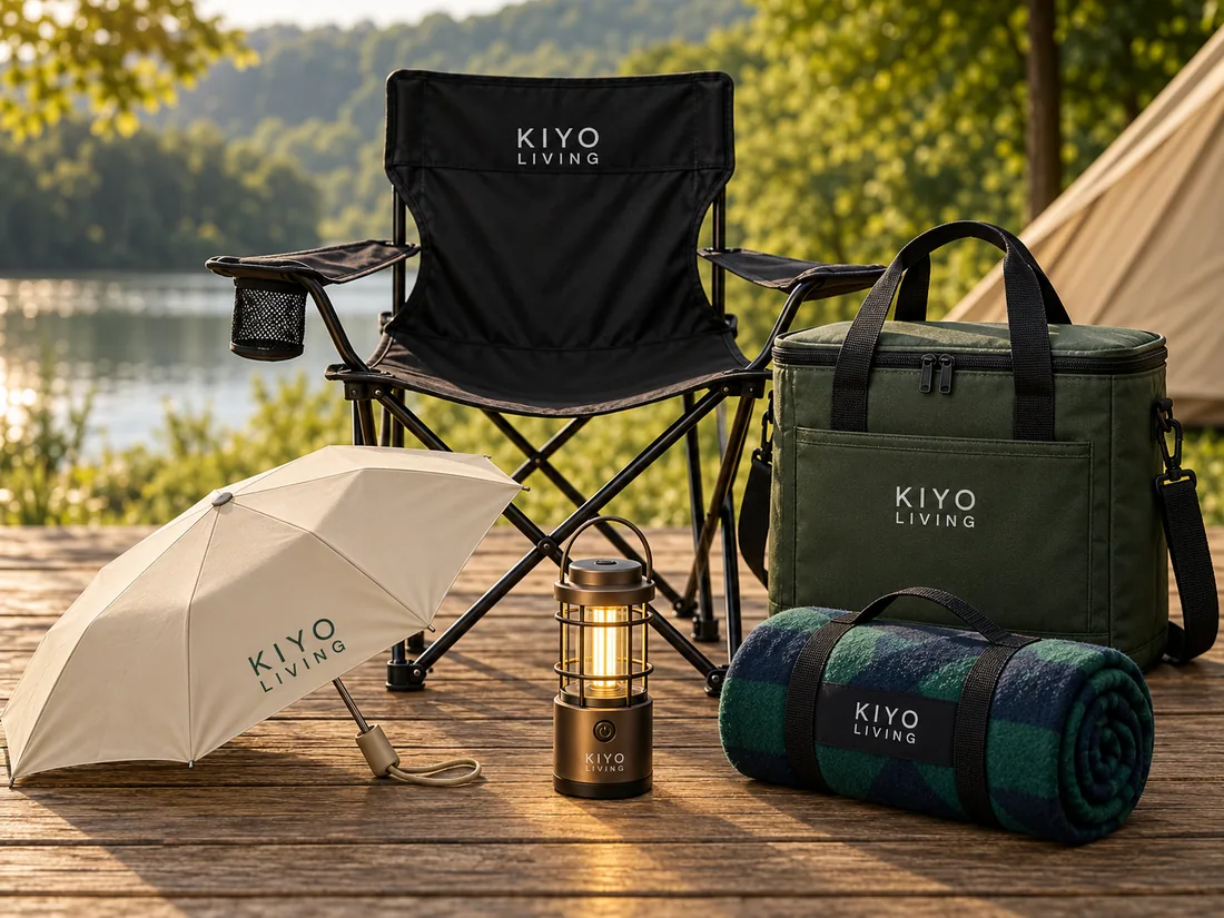 The Outdoor Retreat Set: a folding chair, cooler bag, umbrella, lantern and picnic blanket, all KIYO branded