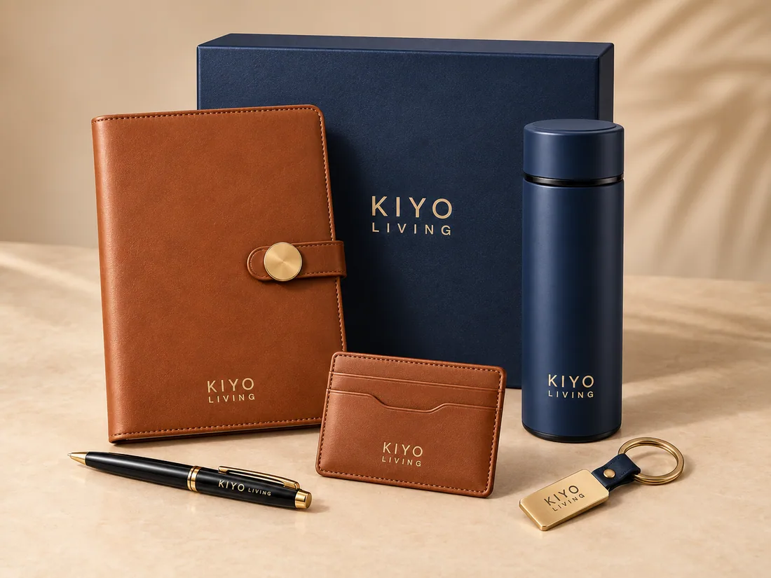 The Executive Desk Set: a leather notebook, card holder, pen, thermos and keychain with a navy gift box