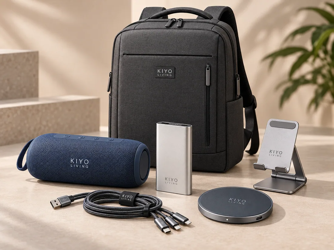 The Tech Productivity Set: a backpack with a speaker, power bank, wireless charger, phone stand and cables