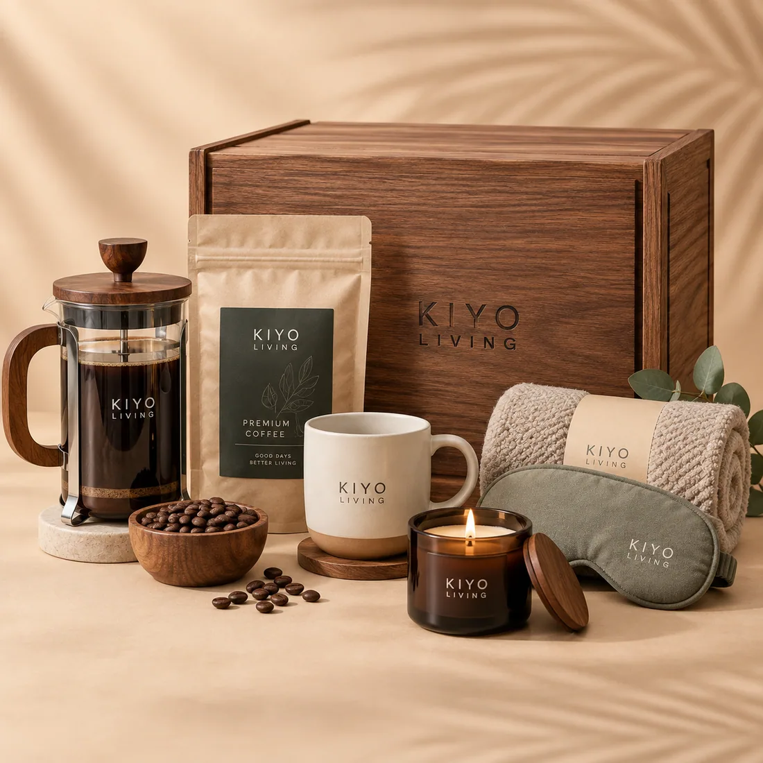 The Coffee Wellness Set: a wooden KIYO box with a French press, coffee, a mug, a candle, an eye mask and a blanket