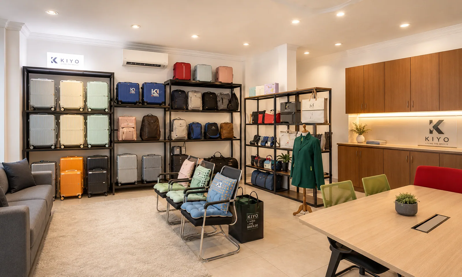 The KIYO showroom with cases on the shelves and a seating area