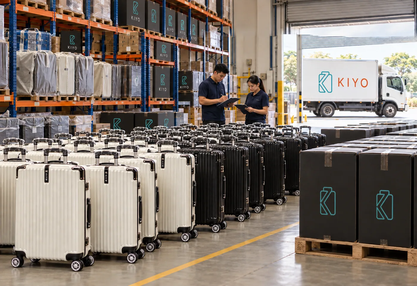 Rows of white and black KIYO cases and KIYO-marked boxes on pallets in the warehouse, two staff checking a list, a KIYO lorry at the dock