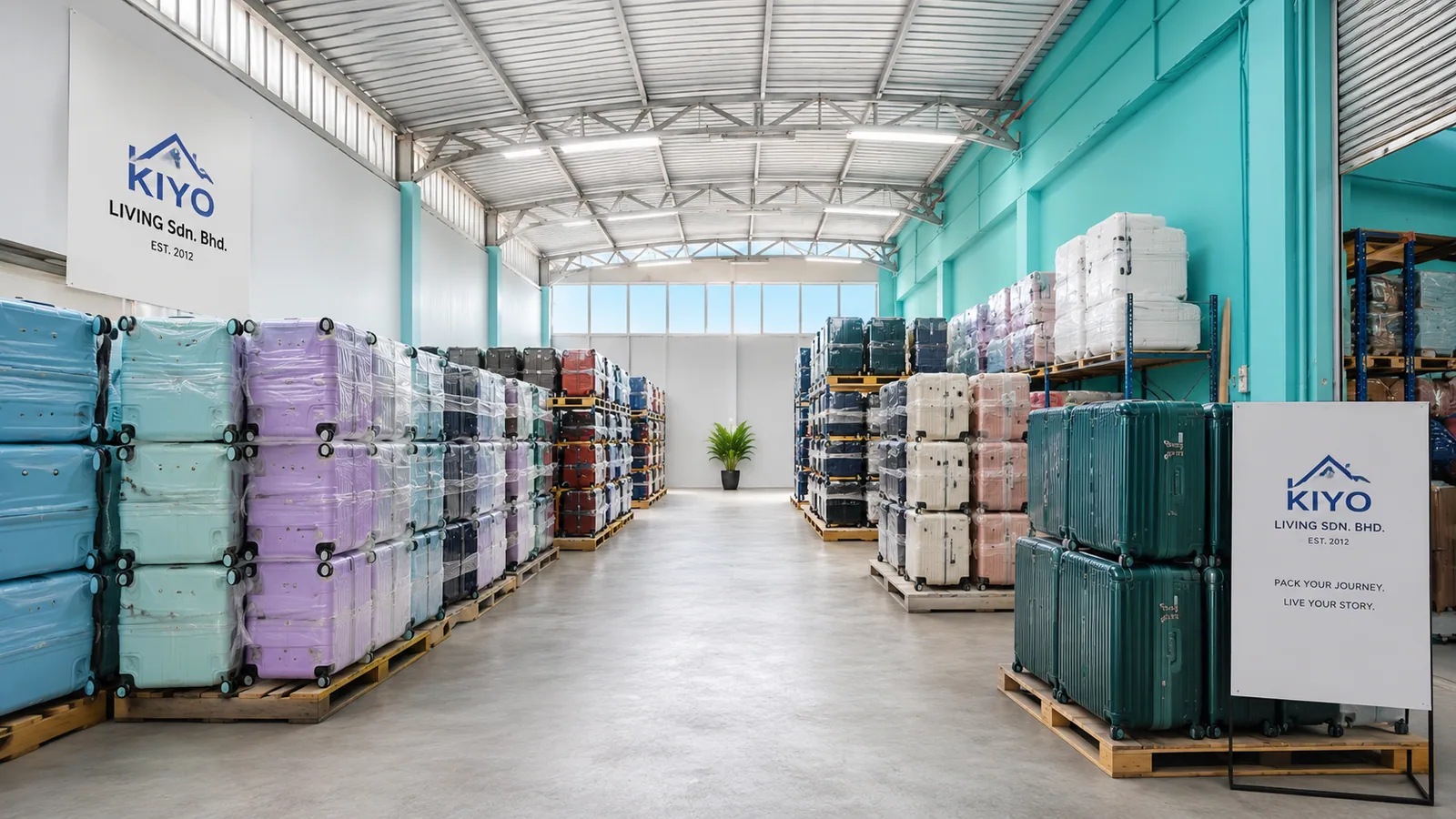 The main KIYO warehouse hall with teal racking full of cases
