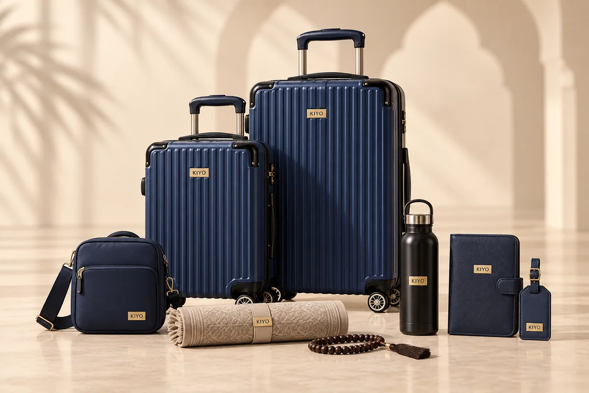 The Navy Heritage Set: two navy cases with a sling bag, rolled prayer mat, tasbih, bottle and document holder