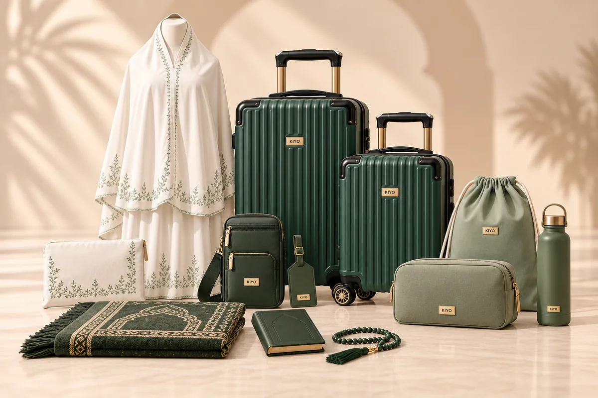 The Emerald Telekung Set: two emerald cases with a white telekung, prayer mat, drawstring bag, pouch and bottle