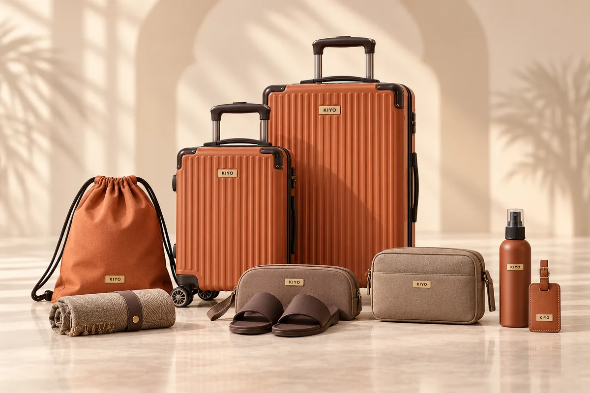 The Desert Terracotta Set: two terracotta cases with a drawstring bag, pouches, slippers and a rolled prayer mat