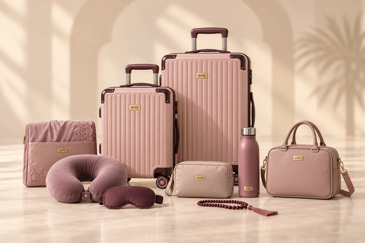 The Dusty Rose Comfort Set: two rose cases with a neck pillow, eye mask, tote bag, prayer mat and bottle