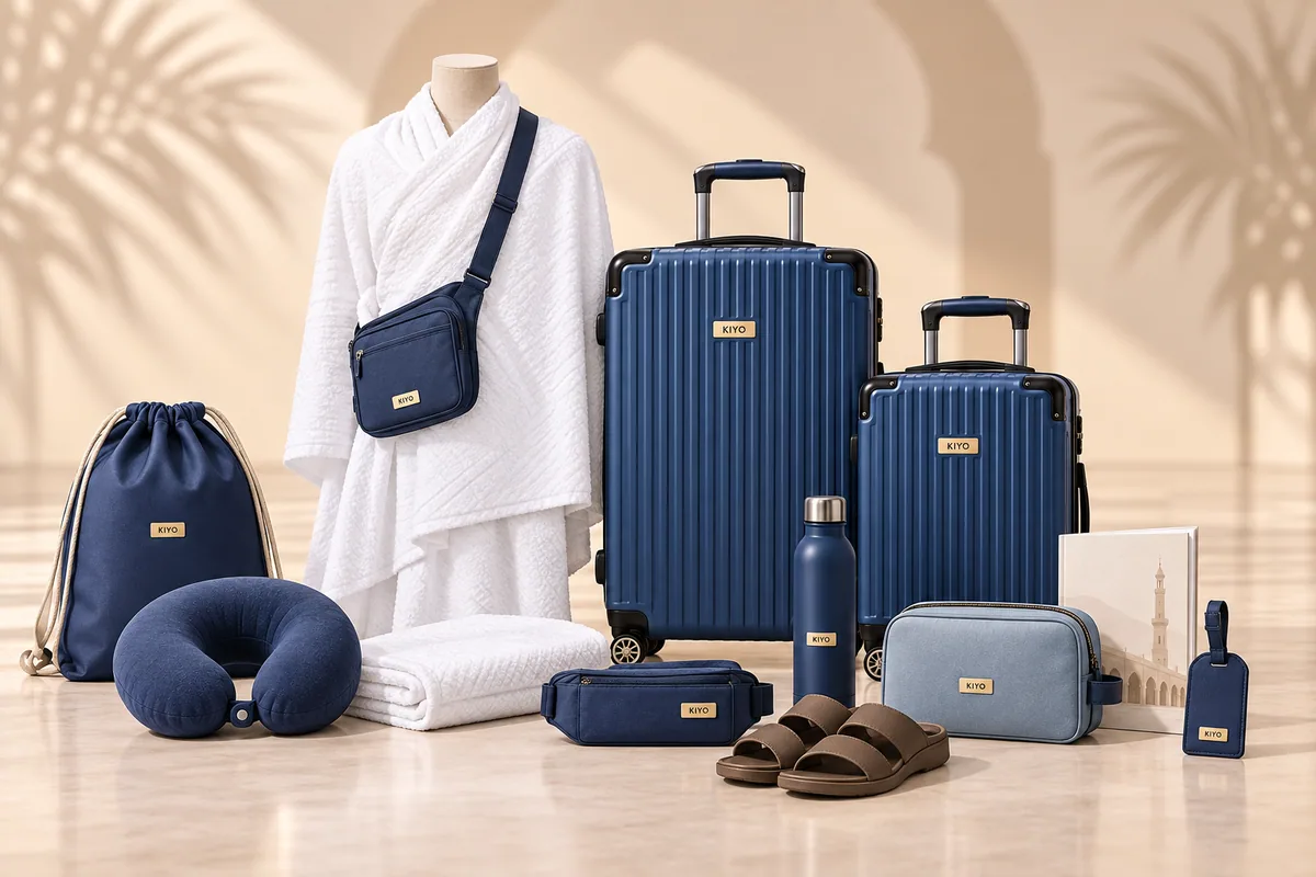 The Sapphire Ihram Set: three sapphire cases with an ihram set, drawstring bag, neck pillow, sling bag and slippers